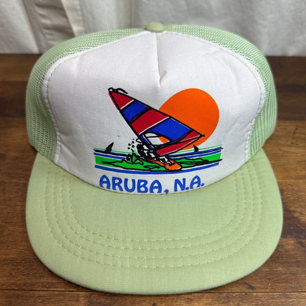 Vintage Aruba, N.A. Green Snapback Mesh Trucker Hat Triangle Headwear One Size